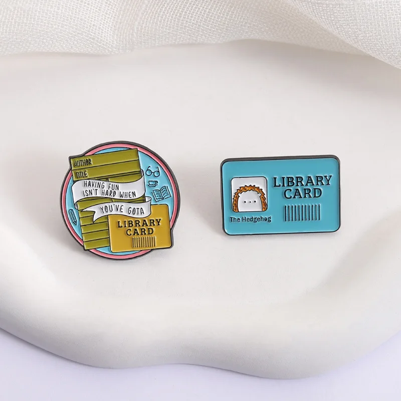 2Pcs Library Card Hedgehog Enamel Pins Set Book Stack Quote Cute Hedgehog Library Card Brooches Lapel Badges Jewelry Gift
