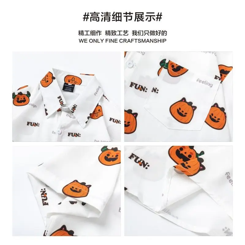 BEIANJI new American retro funny pumpkin full print short-sleeved flower shirt men's summer vacation casual half-sleeved shirt