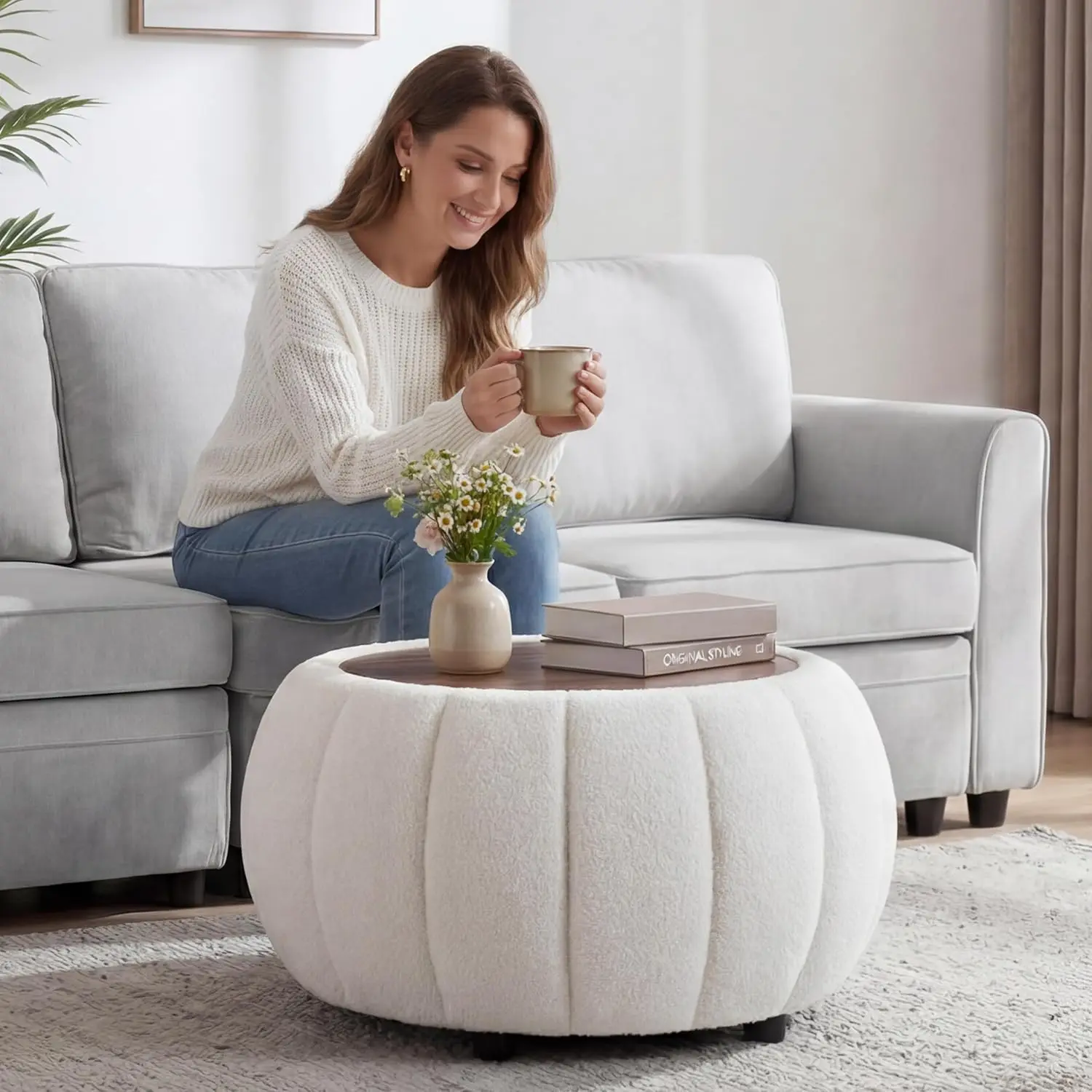 

Ottoman Coffee Table for Living Room, Wooden Top Large Storage Ottoman, 30 Inches Round Coffee Table, Pumpkin, Customized