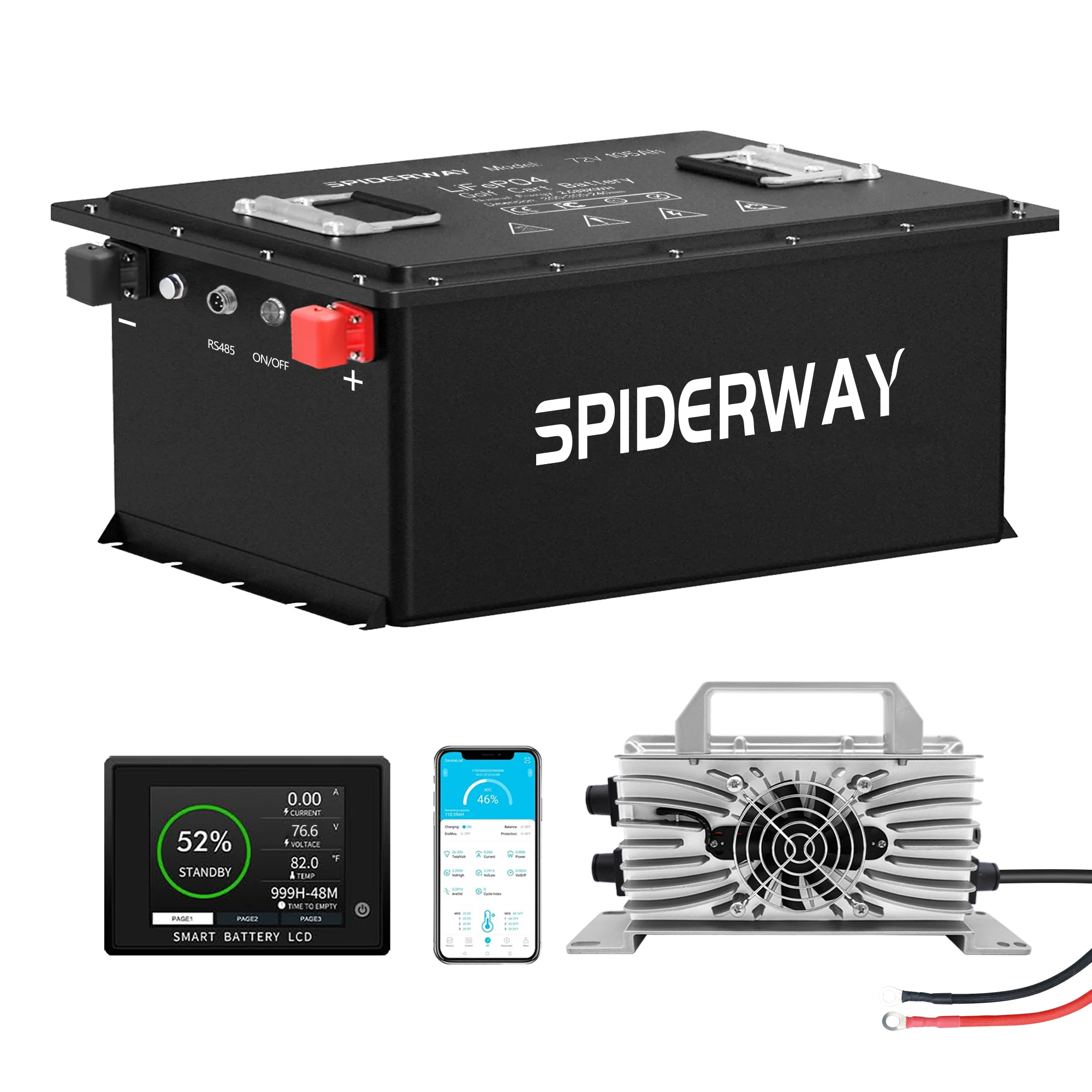 72V 105Ah LiFePO4 Lithium Battery + 72V 25A Fast Charger for GEM ICON Golf Cart, Support Bluetooth Mobile APP