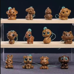Wooden Carving Twelve Zodiac Snake Mouse Tiger Chicken Figurine,DIY Keychain Phone Chain Pendant,Cute Miniature Animals Ornament