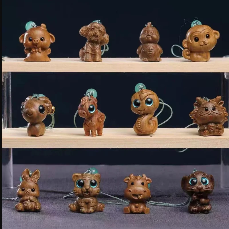 Wooden Carving Twelve Zodiac Snake Mouse Tiger Chicken Figurine,DIY Keychain Phone Chain Pendant,Cute Miniature Animals Ornament