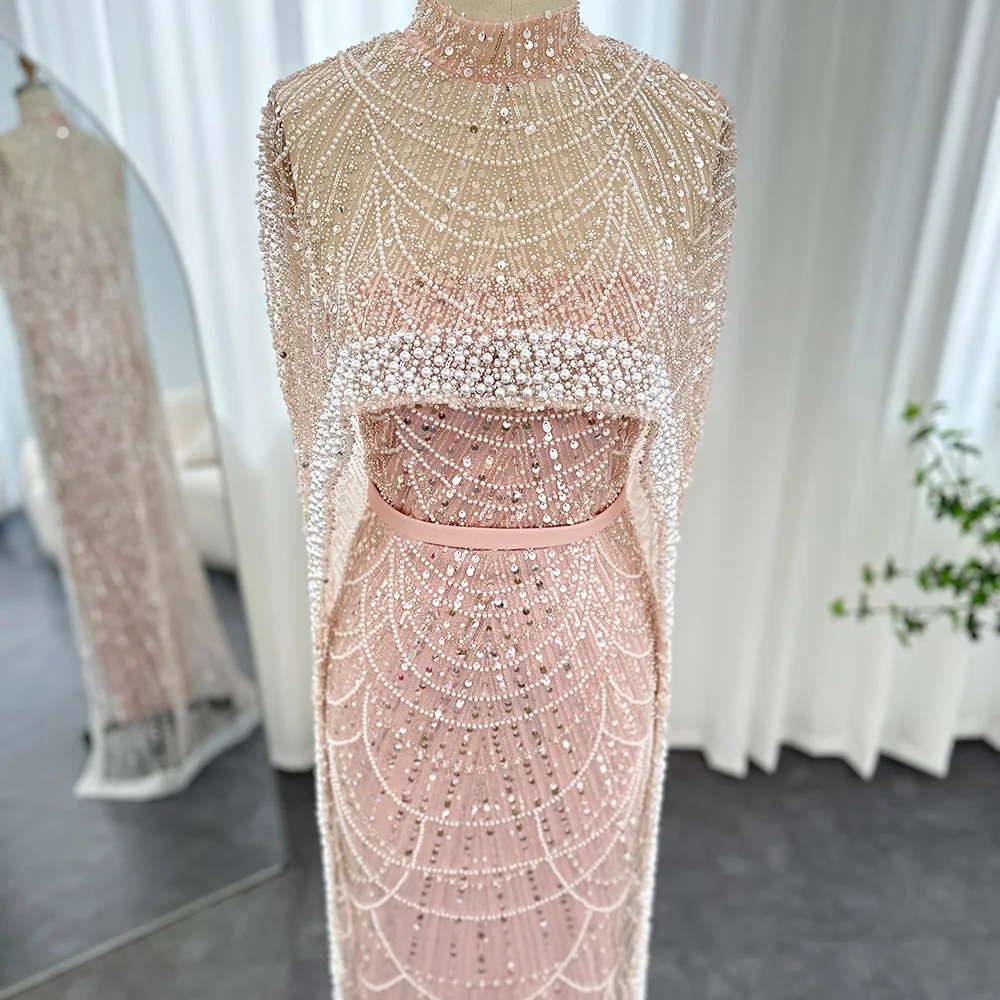Sharon Said Luxus-Perlen Dubai Champagner Meerjungfrauen-Abendkleider mit Cape-Ärmeln Arabisches Hochzeits- und Abschlussballkleid SS369 Maßanfertigung – Detail 20