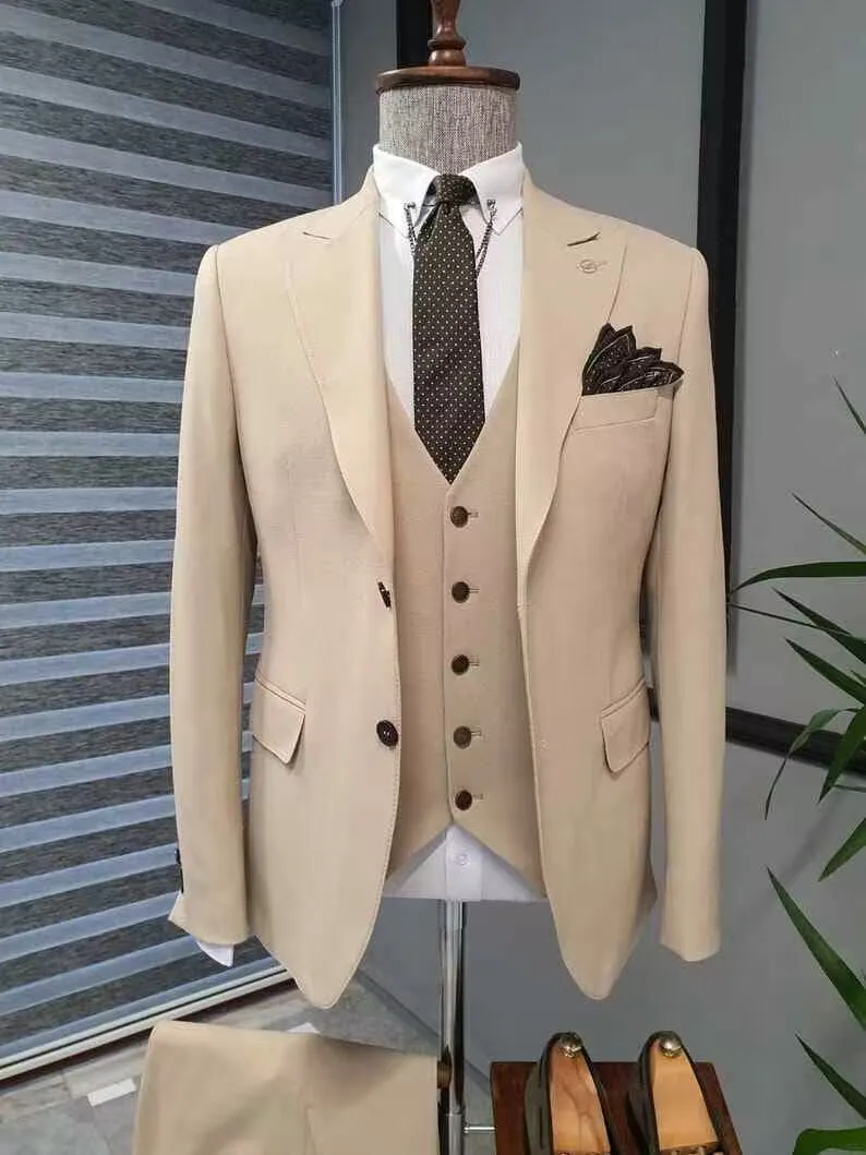 Formele Kaki Mannen Trouwpakken Bruidegom Smoking Slim Fit Business Suits Peak Revers Jack 3-delige Kostuum Homme (Blazer Broek + Vest)