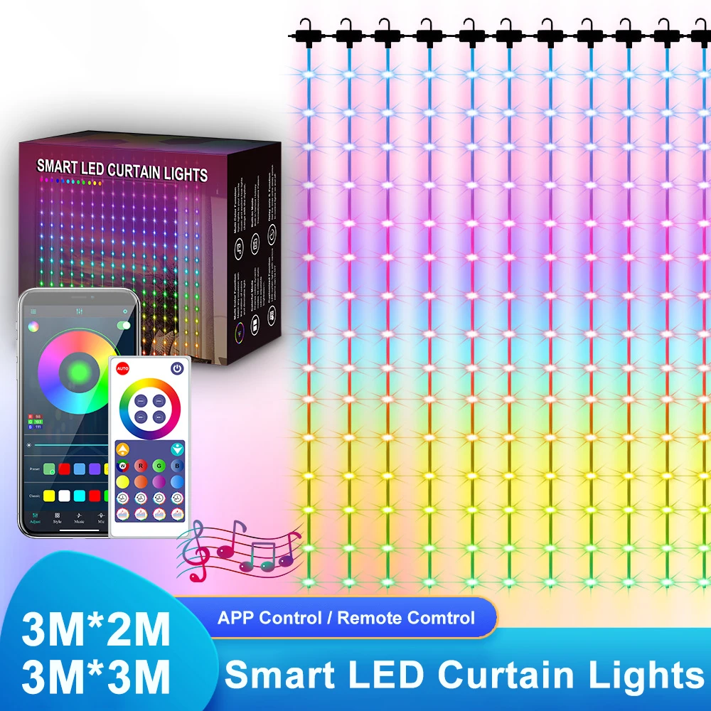 Smart LED Curtain String Lights, App Control, Christmas Fairy Lamp, Guirlanda DIY, Decoração de Janela, Festa de Casamento, Quarto, Exterior