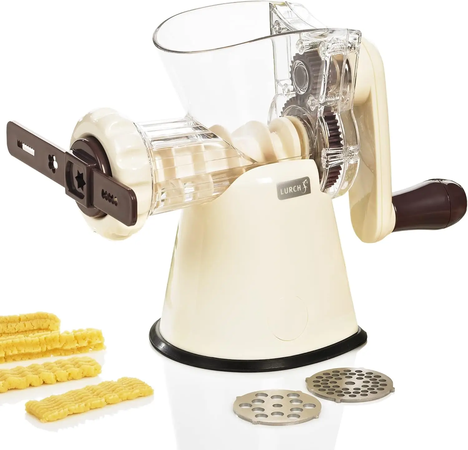 

Hand Crank Cookie and Meat Maker with 4 Shapes, Easy Clean Aubergine/Cream White