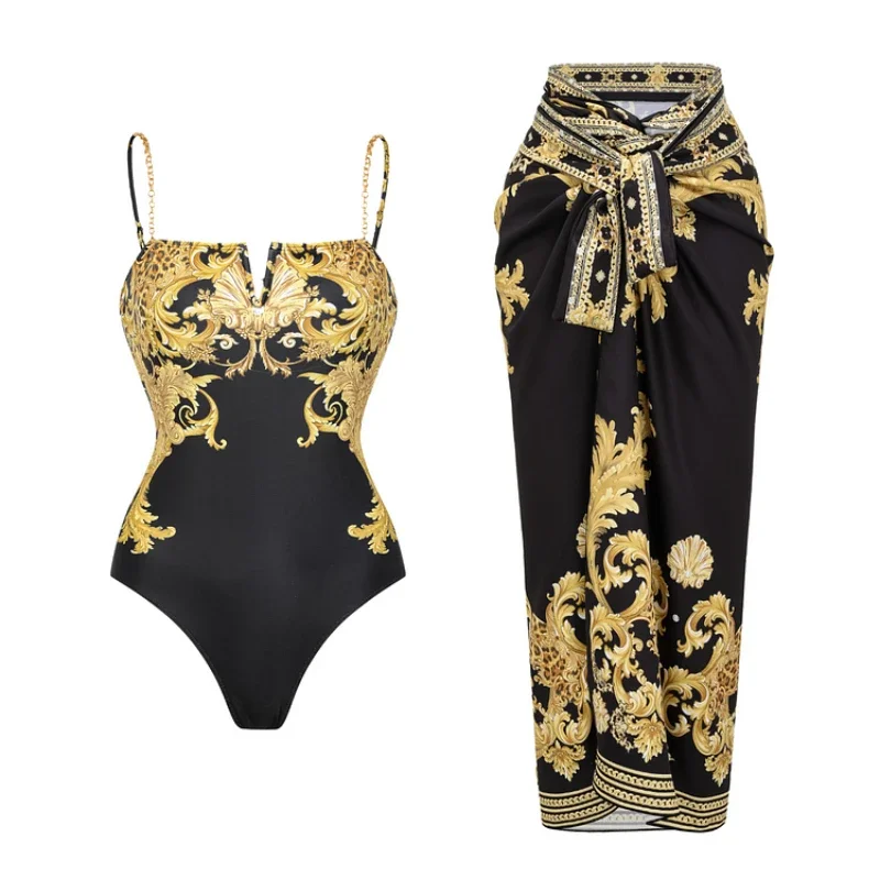 FLAXMAKER ฤดูร้อน One Piece ชุดว่ายน้ําและกระโปรงผู้หญิง 2025 เซ็กซี่ Push Up ชุดว่ายน้ํา Vintage พิมพ์ Beachwear Monokini
