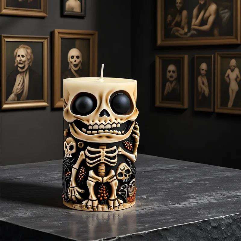 Zylindrische Totenkopf-Reliefkerzen-Silikonform, die Form ist langlebig und wiederverwendbar, geeignet für die Herstellung von Halloween-Dekorkerzen