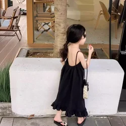 Girls Dress Korea 2024 Summer New Solid Color Sundresses Vacation Backless Sexy Spicy Girl Baby Fashion Kids Summer Clothes