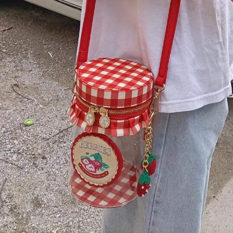 Nowa moda czerwona truskawkowa kratka słoik na cukierki modelowanie studentka osobowość kreatywna nowość torba Crossbody kobiece sprzęgło