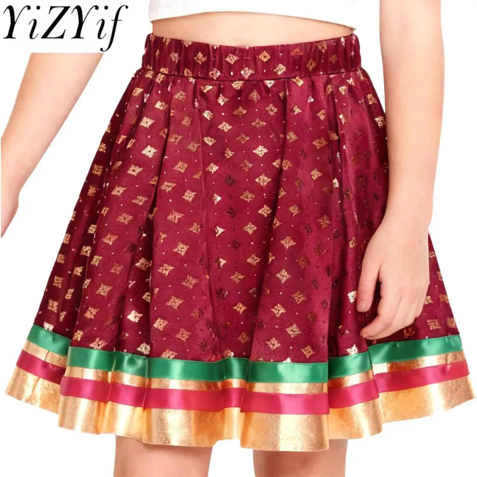 Dziecięca spódnica taneczna dla dziewczynek, lehenga choli, satynowy brokat ze złotymi motywami, kolorowa spódnica do tańca, na imprezy, podróże, spódnice taneczne.