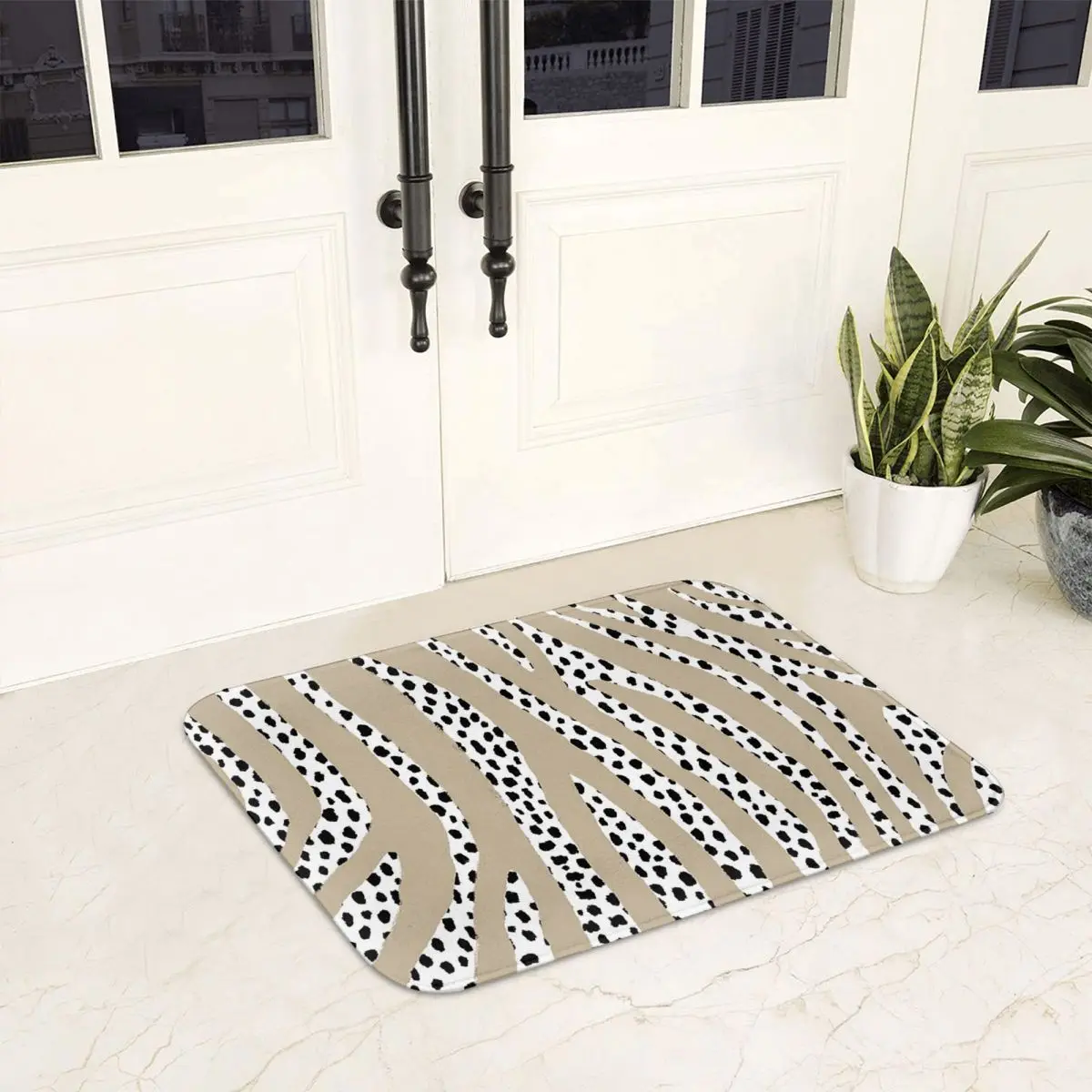 Dalmatian Polka Dot Spots And Zebra Stripes (blackwhitetan) Doormat Anti-skid Bath Mats Home Entrance Rug Kitchen Carpet Footpad