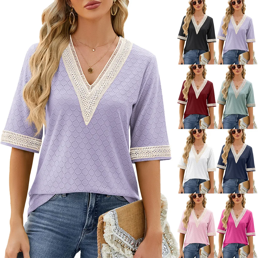 Modigirl Women Contrast Color Lace Trim V Neck T Shirt Half Sleeve Eyelet Hollow Loose Casual Office Vacation Women's Tops Tees