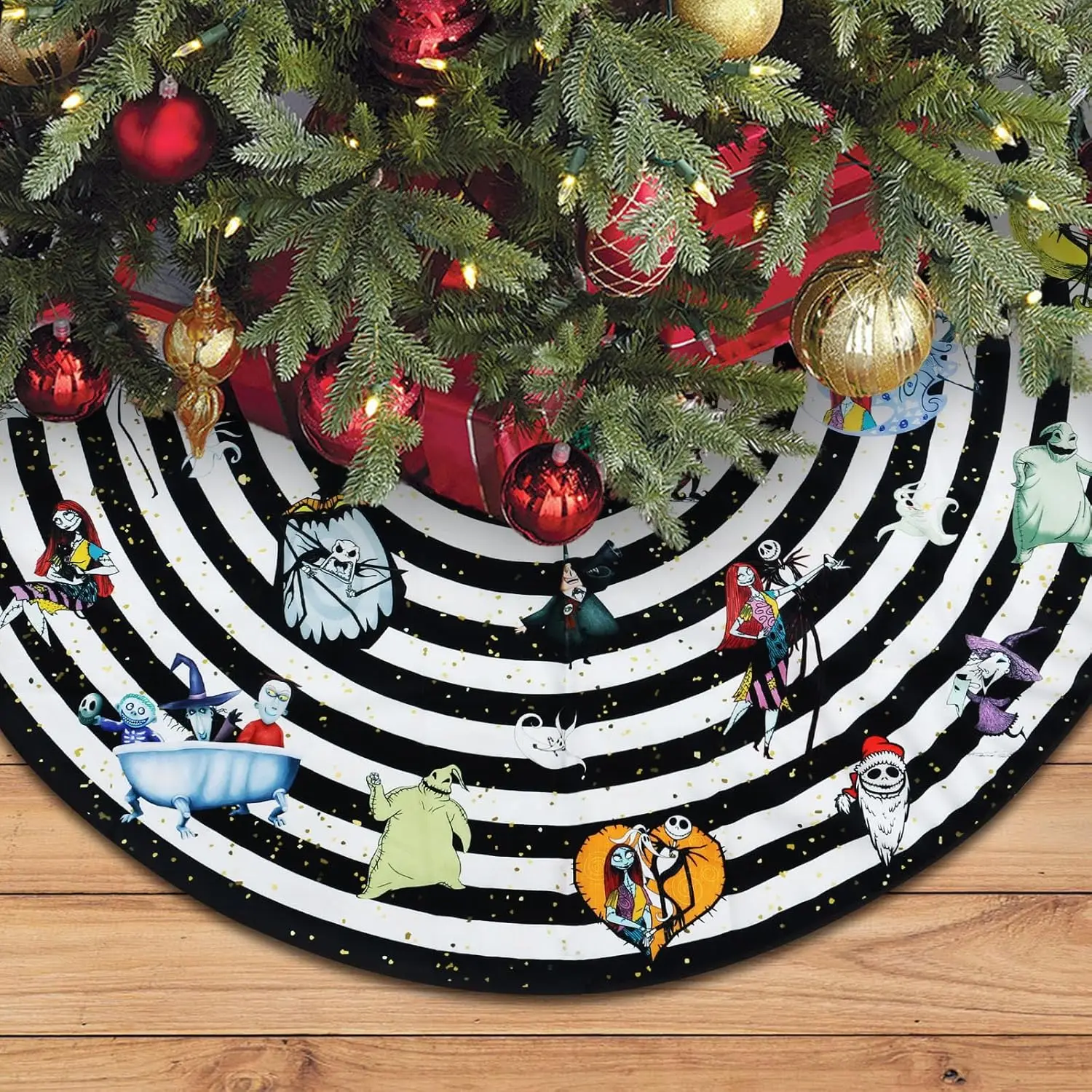 48 Inch Christmas Tree Skirt, Black and White Striped Halloween Tree Skirt, Xmas Holiday Party Decor Christmas Tree Decorations