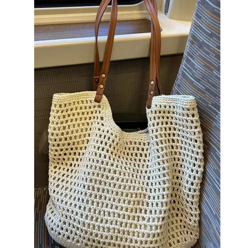 

Ladies Fashion Beach Leisure Shoulder Bags Women's Summer Weaving Crochet Tote Handbags Female Retro Hollow Solid Crossbody Bag