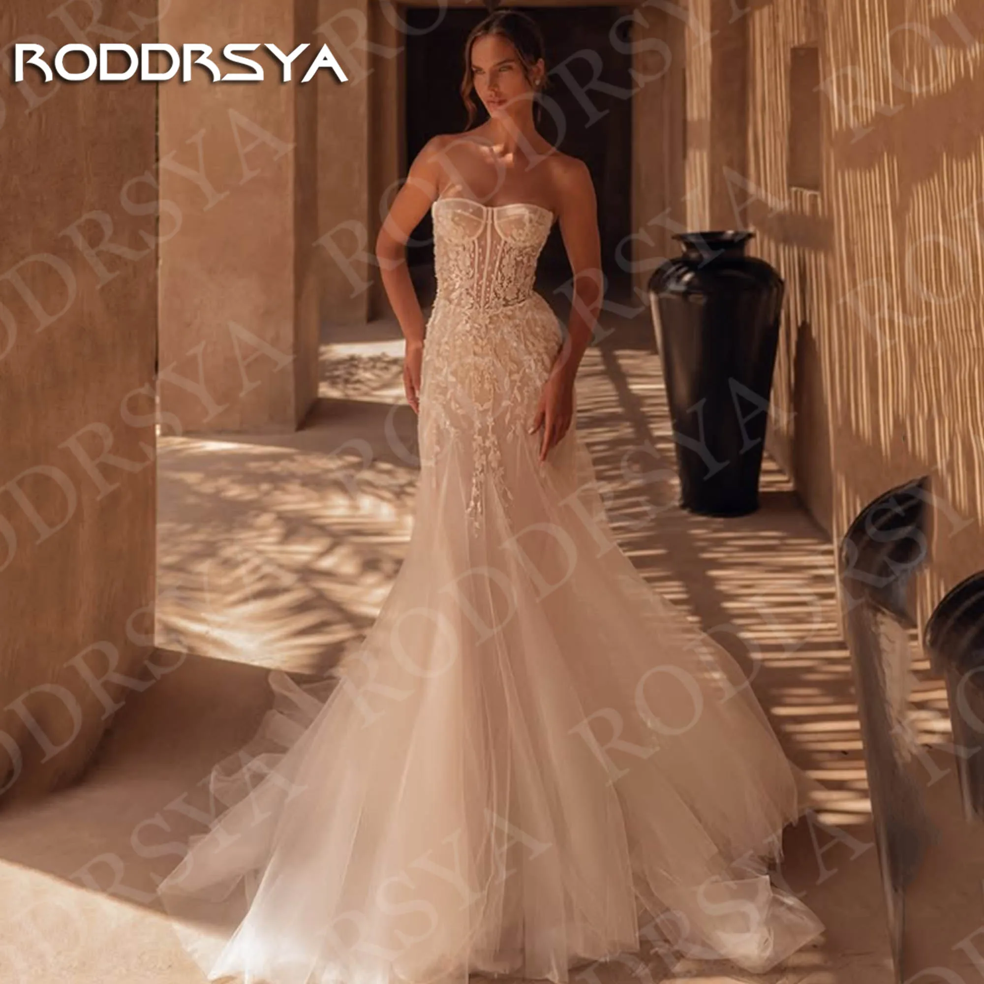

RODDRSYA Elegant Mermaid Wedding Dress for Bride robe de mariée Romantic Strapless Lace Appliques Tulle Bridal Gown Customized