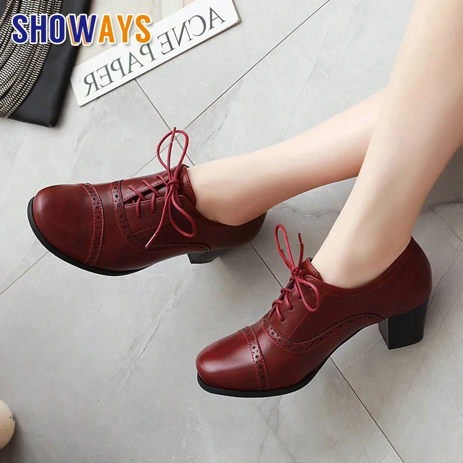 Big Size British Women Pumps High Square Heel Oxfords Red Black Vintage Brogues Casual Office Lady Lace-up Round Toe Dress Shoes