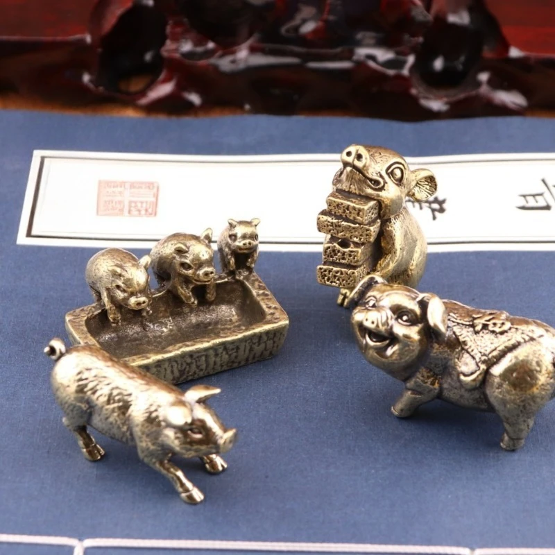 Creative Solid Brass Lucky Three Pigs Miniatures Ornament Retro Pig Trough Design Home Office Desk Tea Pet Decor Cute Craft Gift