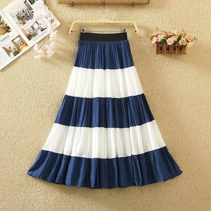 

2024 Summer Women New Fashion High Waist Loose Skirts Female Stitching Big Swing Skirt Ladies Long Striped A-line Skirts