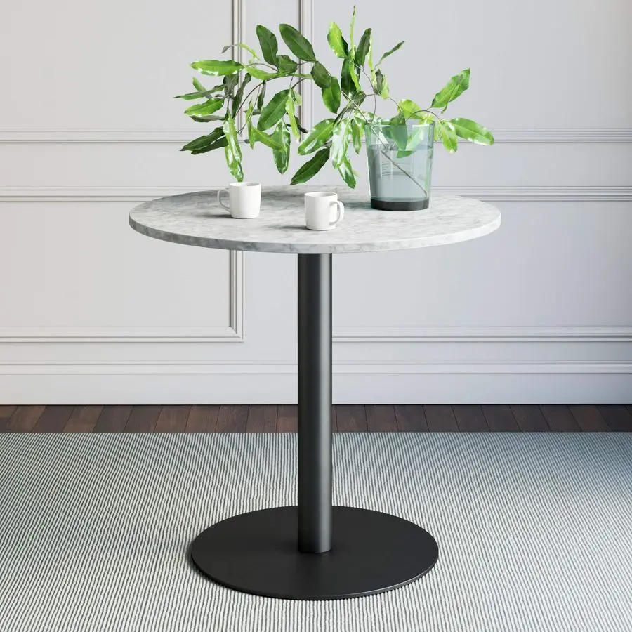 

Bistro Lucy Small MidCentury Modern Kitchen or Dining Table with Faux Carrara Marble Top and Brushed Metal Pedestal Base, Black