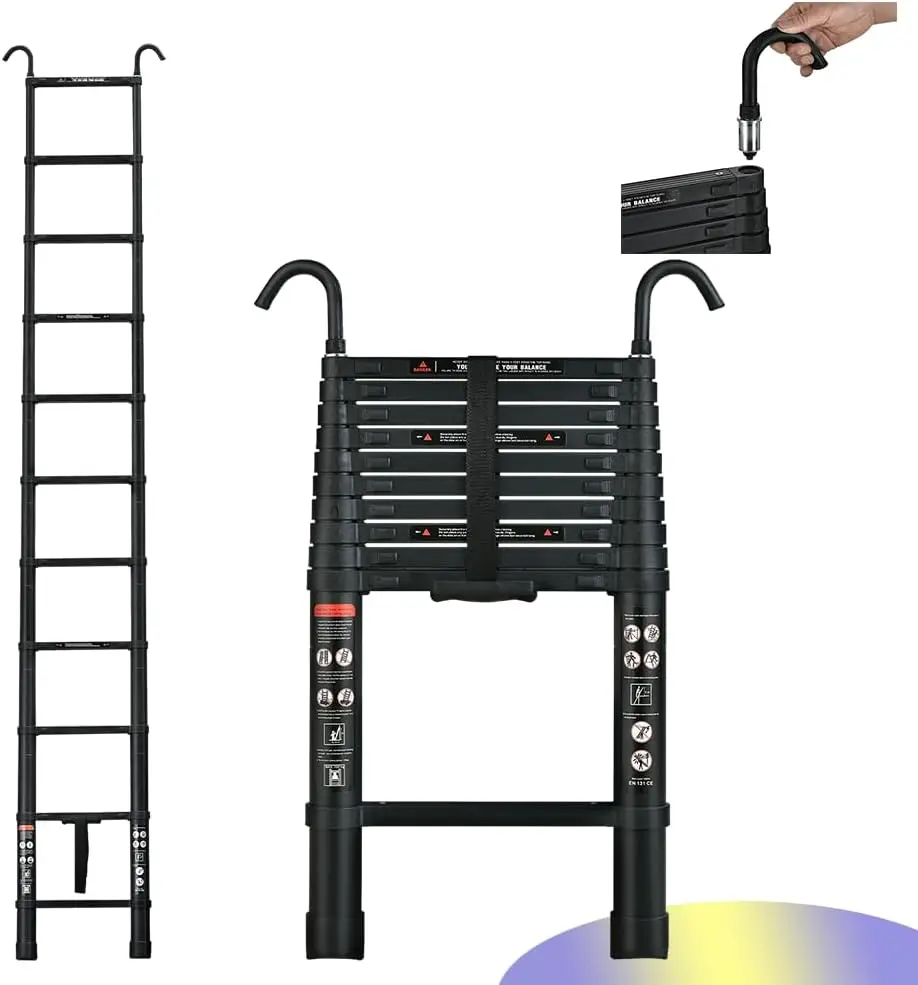 Telescopic Ladder 3.2M Aluminum Telescoping Ladder with Non-Slip Feet,Multi-Purpose Extension Straight Ladder with 2 Hook,150kg