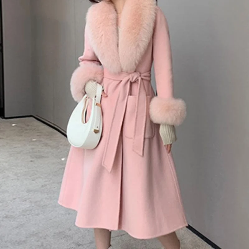 Woolen Coat Women Natural Fox Fur Collar Long Coat Cashmere Wool Blend Women Streetwear 2021