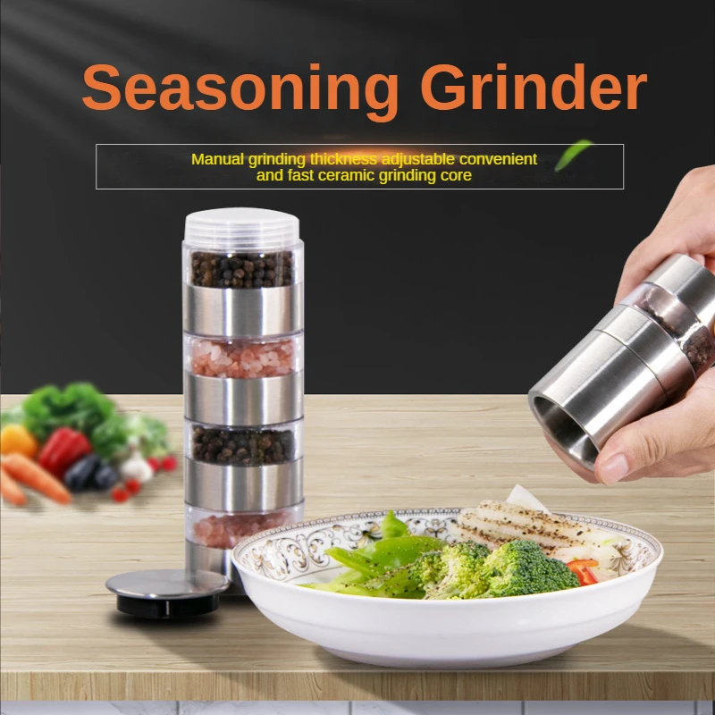 

Portable Five-Layer BBQ Seasoning Bottle Transparent Partition Seasoning Bottle Anti-Odor Stainless Steel Pepper Grinder Manual