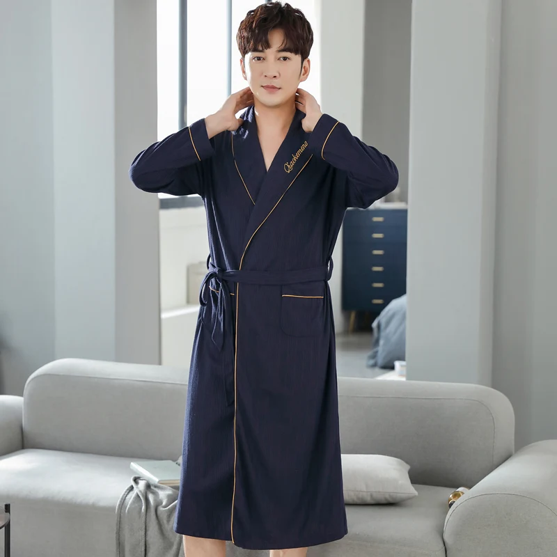 Spring Autumn Cotton Bathrobe For Men Casual Loose 4XL Lapel Robe Fashion Man Solid Letter Men\'s Soft Bath Kimono With Belt