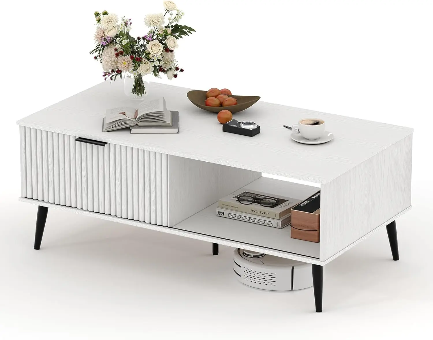 

Coffee Table with Storage, Wooden Coffee Tables with Sliding Door and Solid Wood Legs, 2-Tier Cocktail Table