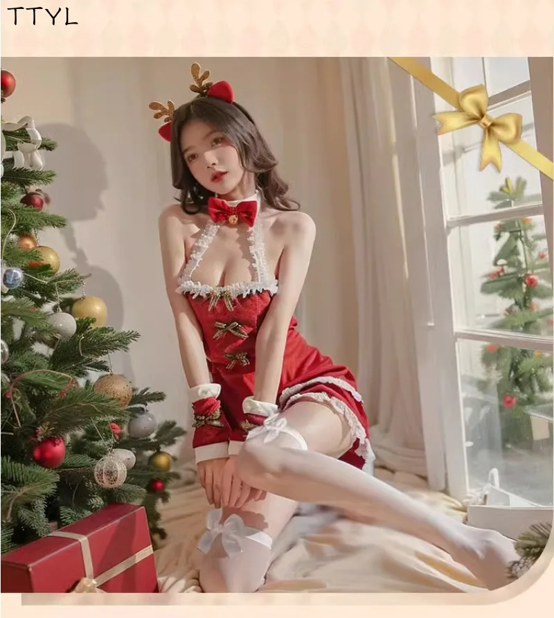 TTYL عيد الميلاد الزي الرسمي مجموعة الحسية حمالة عارية الذراعين فستان النوم حفلة عيد الميلاد الزي ملهى ليلي تنورة قصيرة ملابس غريبة