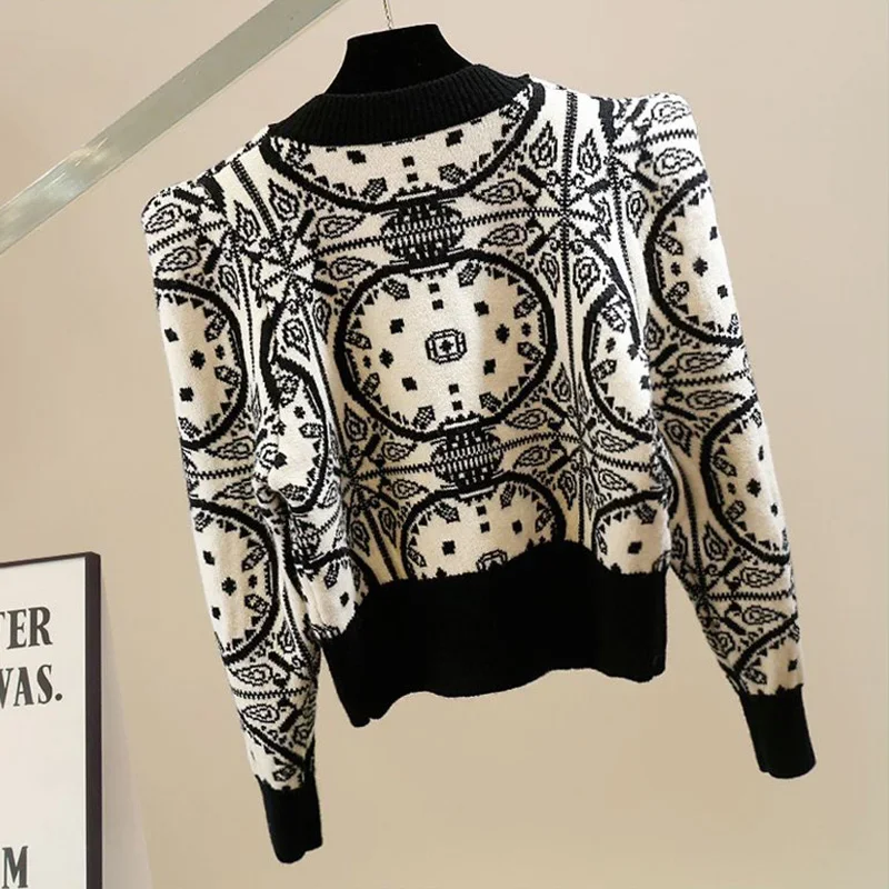 Geometric Knitted Soft Diamonds Beading Vintage O-Neck Women\'s Sweater Korean Fashion Jumpers Female Short Pullovers Chic Tops