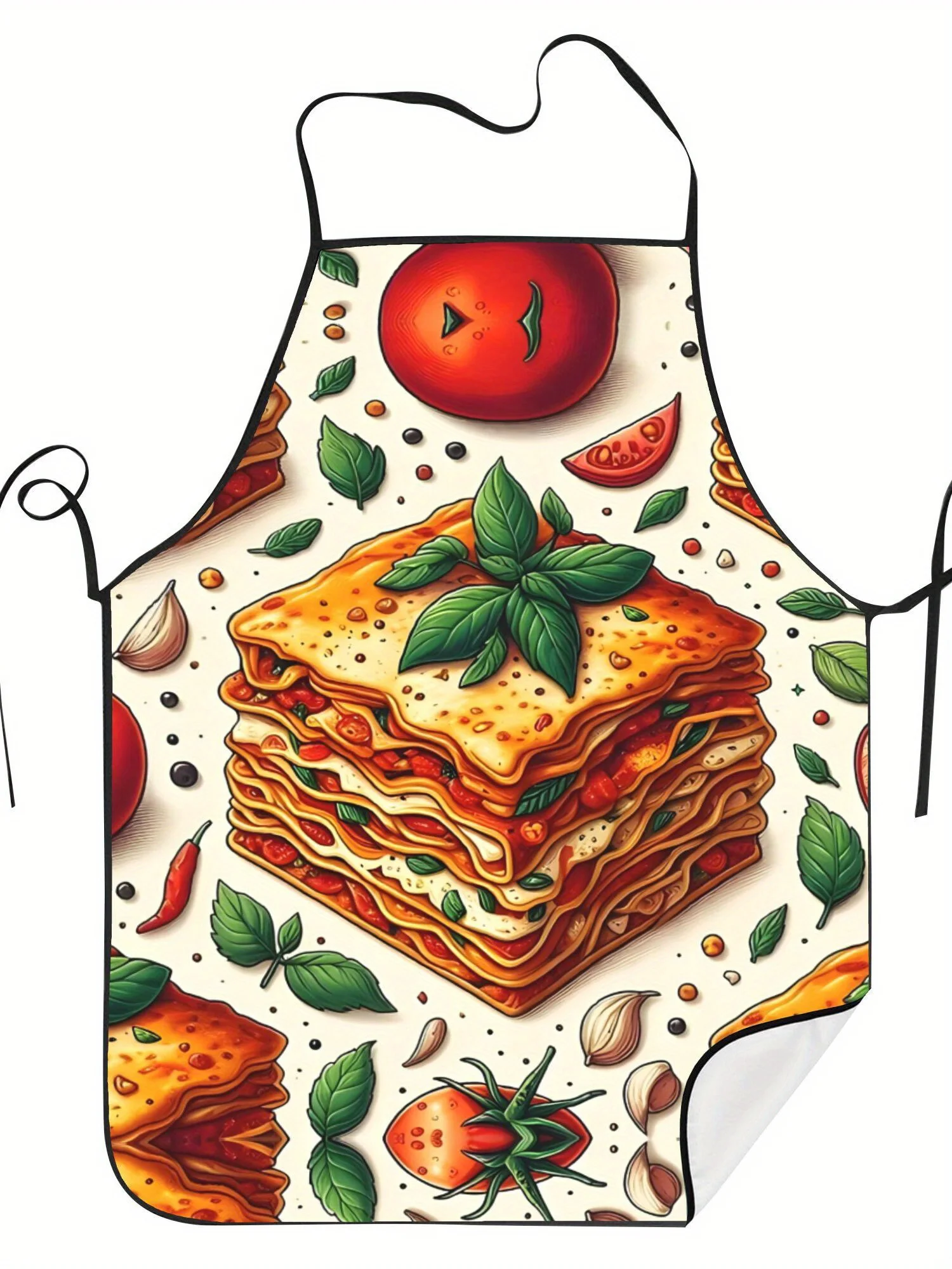 Delantal de Cocina Italiano - Diseño de Láminas de Lasagna, Salsa de Tomate y Hojas de Albahaca - Cintura Ajustable/Con Lazos - Para Cocina, Restaurante, Cocina Italiana