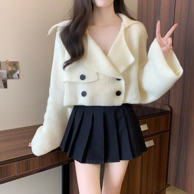 Women's Short Cropped French Relaxed Knitted Cardigan - Collared Long Sleeve Top Versatile Fashionable for Spring/Autumn 2025