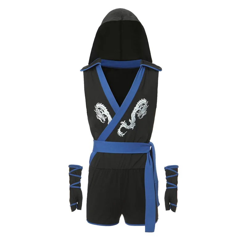 Men Male Ninja Onesie with Belt Cuff Adult Assassin Costumes Samurai Jumpsuit Onesie Cosplay