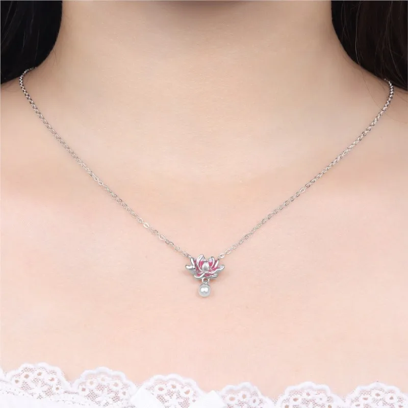 MISEFF 925 Sterling Silver Gradient Transparent Pink Lotus Pearl Necklace Zircon Pendant Women Wedding Party Gift Jewelry view 4