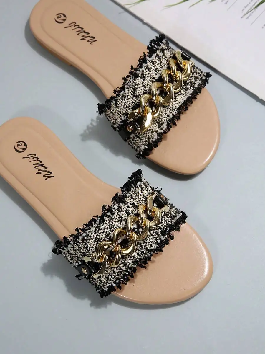 Hochwertige Damen-Sommerpantoffeln mit leichtem Tragegefühl, atmungsaktiv, geeignet für den Innen- und Außenbereich, Ein-Riemen-Design mit Kette am Oberteil, stilvoll und vielseitig, perfekt für Reisen und den Strand – Detail 6