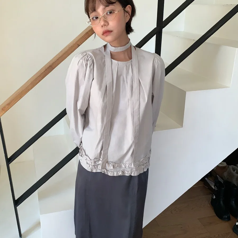 ملابس مكتب نسائية كورية أنيقة irt Sweet Gentle Age-Defng طويلة Sve مع حزام كشكش من الخشب