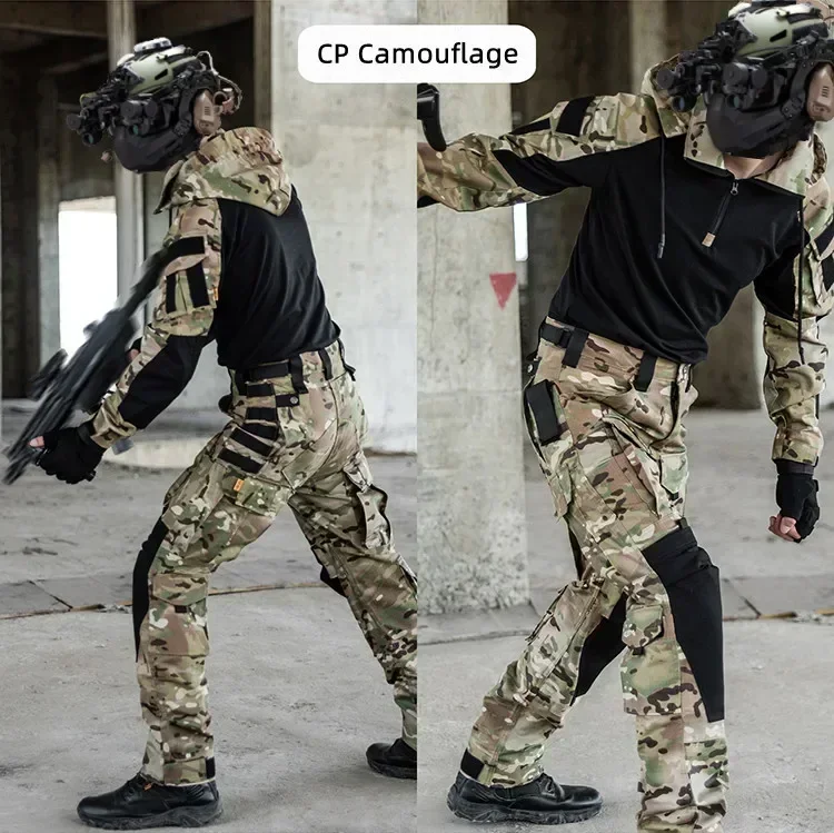 Herren Langarm Combat Shirt 1/4 Reißverschluss Ripstop Taktische Shirts Mit Kapuze Camo Airsoft T Shirts Wandern Jagd Kleidung Pullover – Detail 3