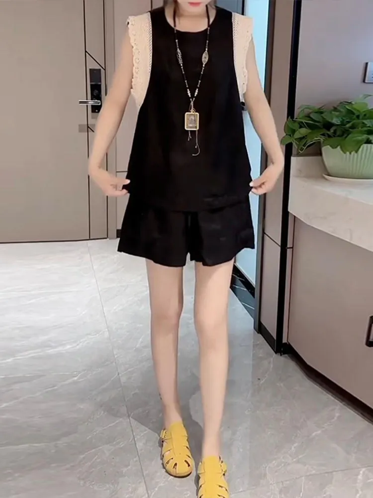 

Summer Lace Linen Svel Top And orts Casual Faion Two-Piece Set Women's Clothing Breathable Comfortable Loose Fit T-...