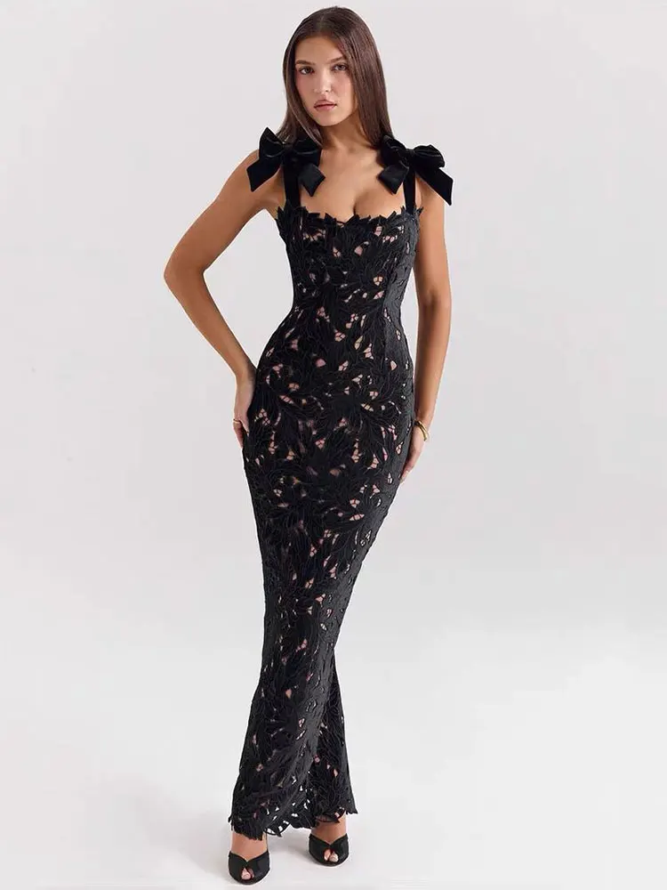 GACVGA Bows Lace Sexy Maxi Dress For Women Fashion Sleeveless Backless Bodycon New Year\'s Birthday Club Party Long Dress