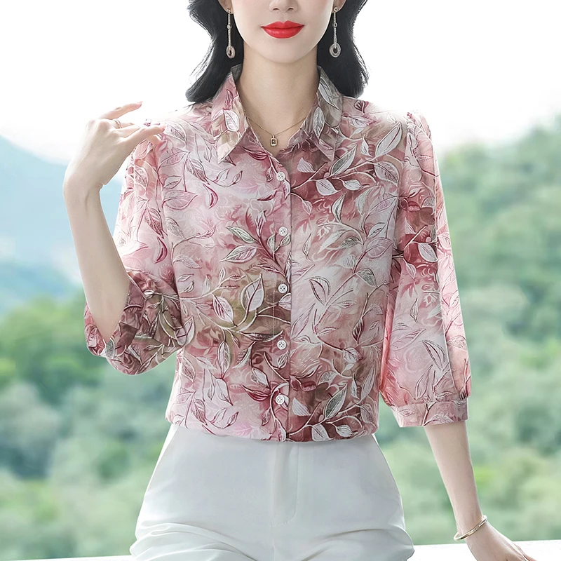 

2025 Spring Summer Tops For Women Chiffon Blouse 3/4 Sleeve Turndown Collar Single Breasted Floral Printed Tops