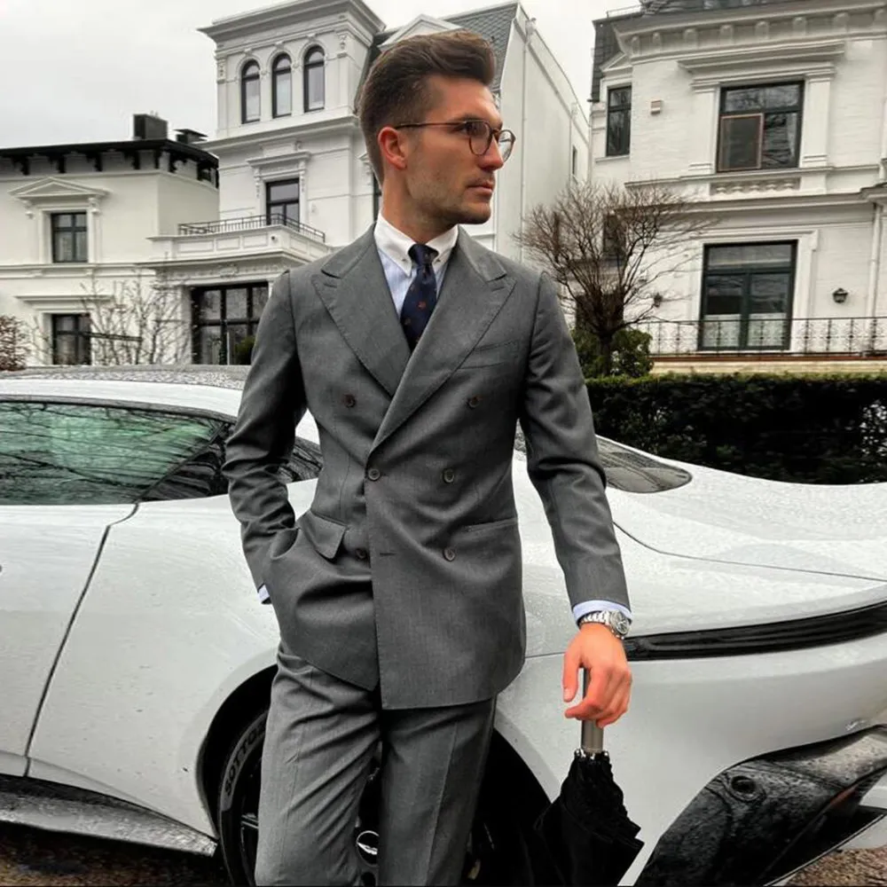 Grey Suits Men For Wedding 2 Pieces Sets Double Breasted Blazer Pants Groom Wear Tuxedos Custom Made Business Party Man Clothing