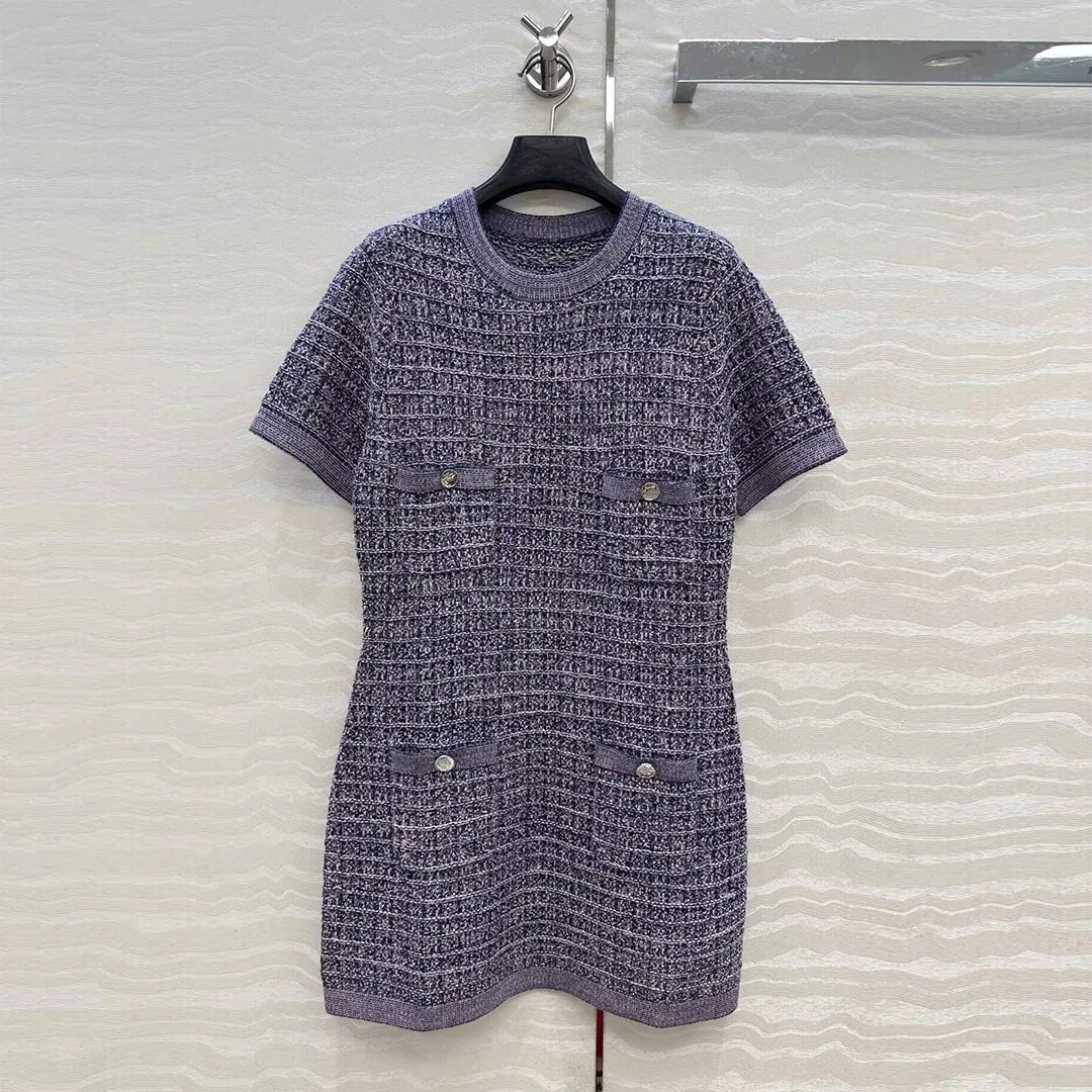 

New Autumn Fashion Crochet Plaid Knitted Sweet Dress Women O-neck Short Sleeve Pockets Buttons Vintage Slim Fit Dress
