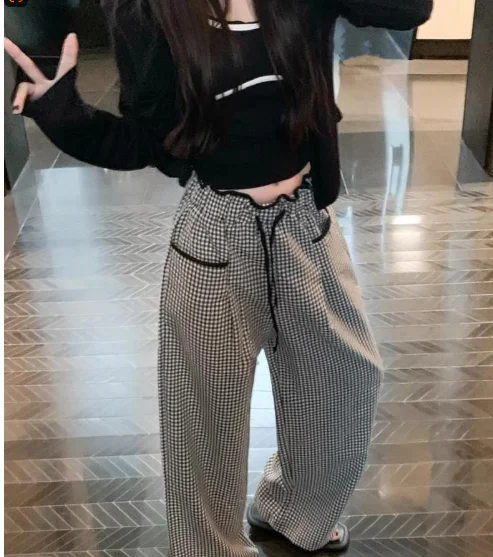 2026 New Summer & Spring Autumn Plaid Straight Leg Pants, Black White Contrast Check Trousers With Waist Ruffle Trim, Comfort Ni