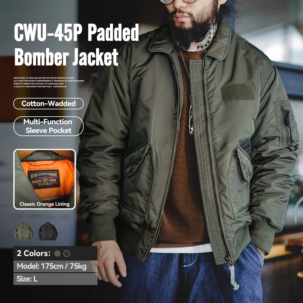 

Maden Мужская куртка бомбардировщика CWU-45P Ветрозащитное утепленное пальто для осени и зимы Классическая оранжевая подкладка Куртка из высокоплотной водонепроницаемой ткани