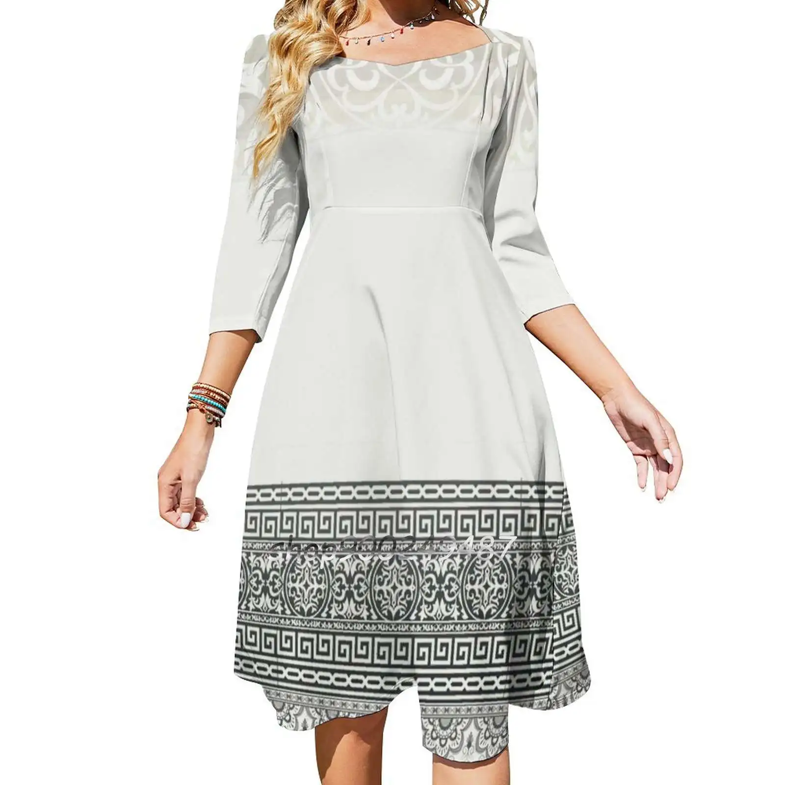 Greek Key Ornate Cream White Grey Square Neck Dress Cute Loose Print Dresses Elegant Beach Party Dress Greek Key Meander Ornate