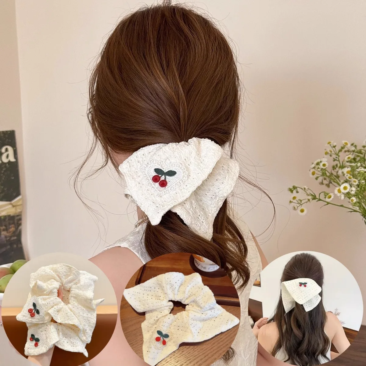 

French Embroidery Cherry Hairbands for Women Ponytail Square Scarf Sweet Girl Hair Ties White Cloth Headband Headwear Accessory