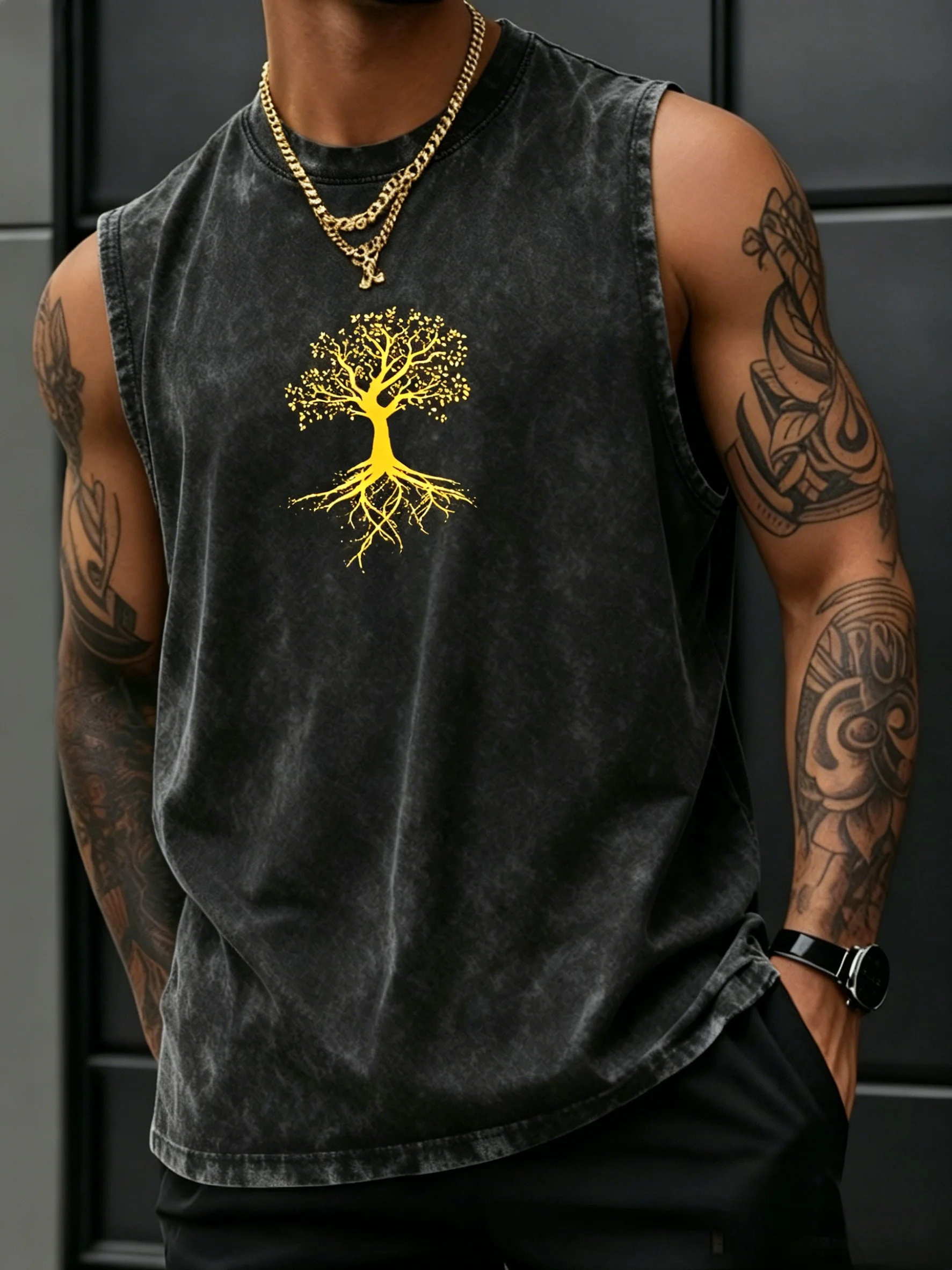Herren Oversize Vintage Washed 100% Baumwolle Ärmelloses Tanktop 2026 Trend Lebensbaum-Print Lässige Outdoor-Workout-Weste – Detail 21