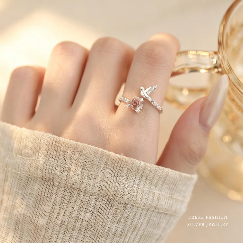 F.I.N.S S925 Sterling Silver Magpie Camellia Fashion Women's Ring Unique Open Adjustable Daily Wearing Party Fine Jewelry Gifts