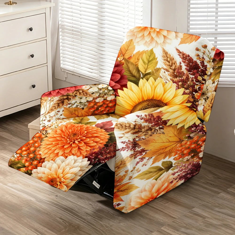 Autumn Sunflower Dahlia Wheat Maple Leaf Recliner Chair Cover Stretch Fall Harvest Recliner Slipcover Elastic Sofa Protector